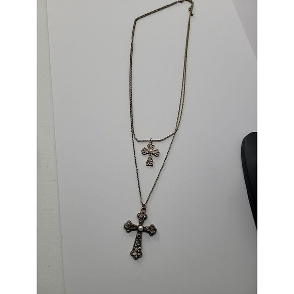 Vintage Necklace Chain Gold Tone Cross Pendant Crystal White Bead Jewelry - Picture 10 of 14